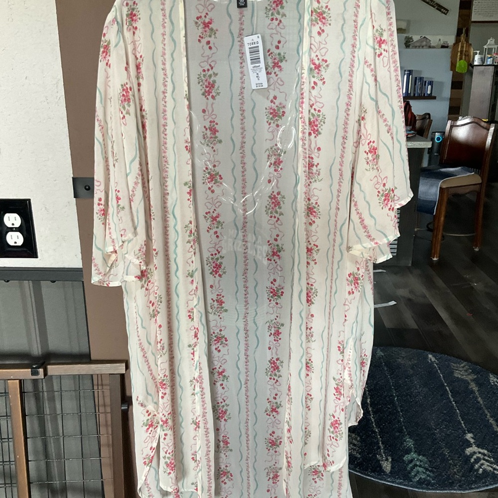 torrid Cream Sheer cover up with Pink Floral Stripe